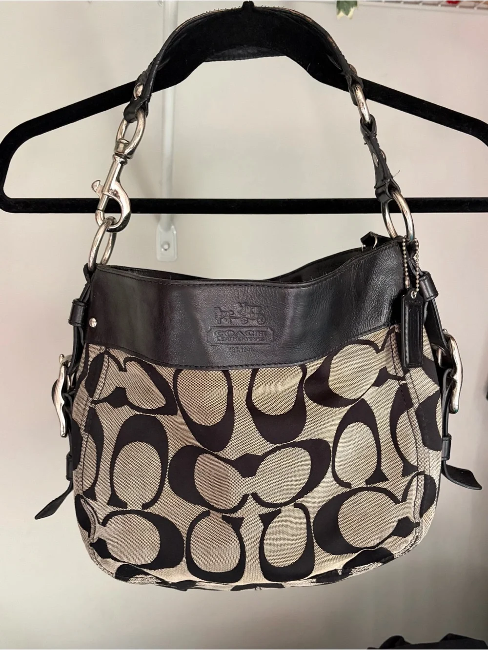 Coach Large Signature Canvas & Black Leather Hobo